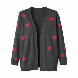 CELEBRATE TOGETHER Gray with Red Pink Hearts Open Front Cardigan Sweater Size S